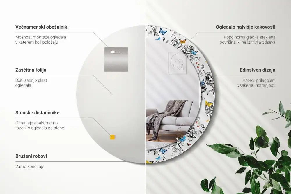 Miroir rond cadre avec impression papillons colorés