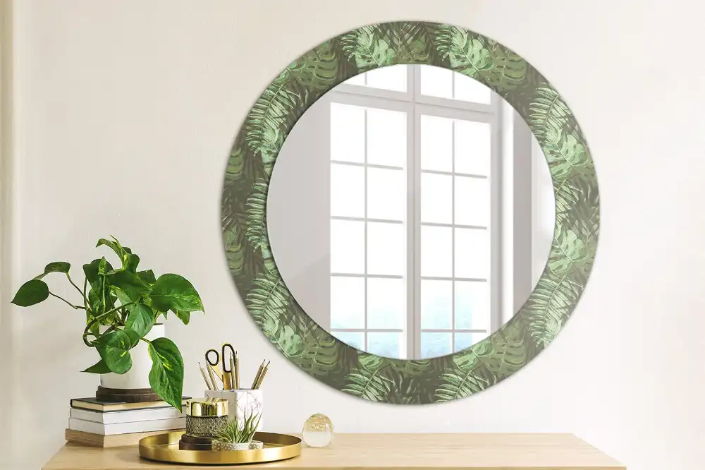 Miroir rond cadre imprimé feuilles tropicales