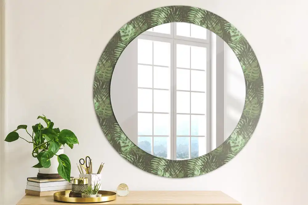 Miroir rond cadre imprimé feuilles tropicales