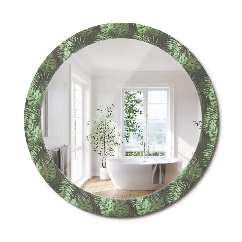 Miroir rond cadre imprimé feuilles tropicales