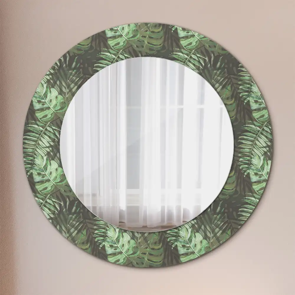 Miroir rond cadre imprimé feuilles tropicales