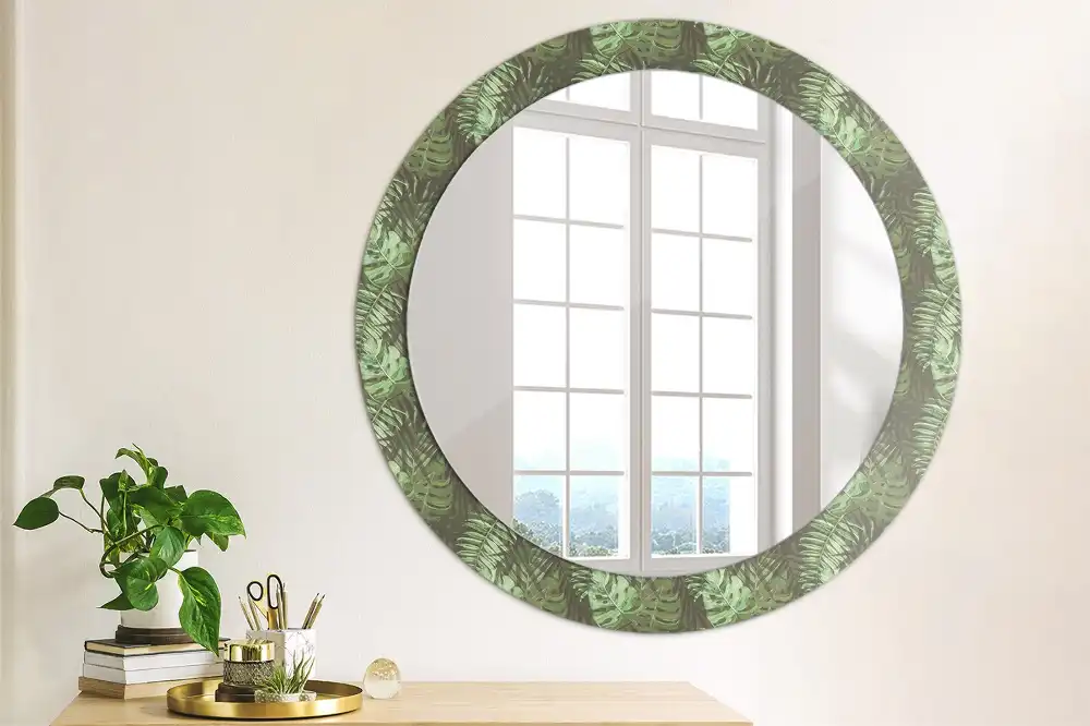 Miroir rond cadre imprimé feuilles tropicales