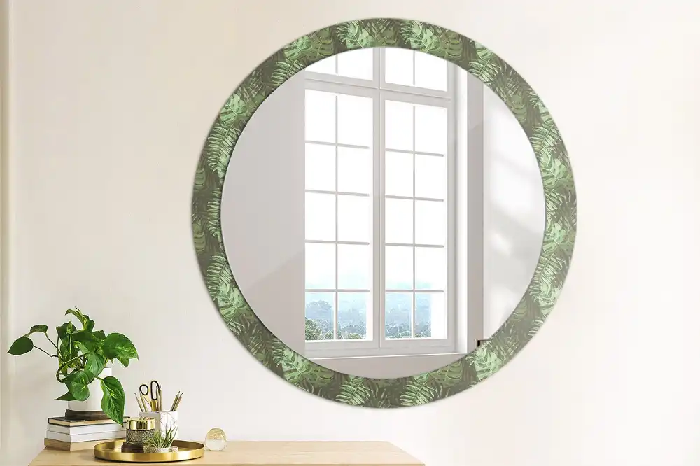 Miroir rond cadre imprimé feuilles tropicales