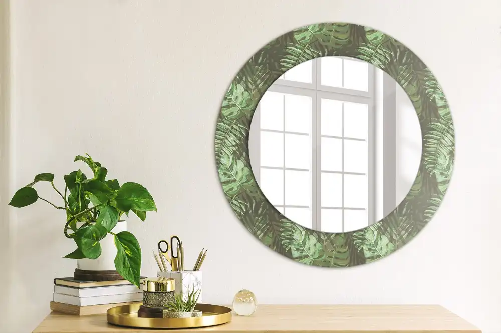 Miroir rond cadre imprimé feuilles tropicales