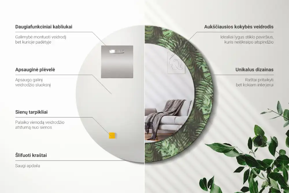Miroir rond cadre imprimé feuilles tropicales