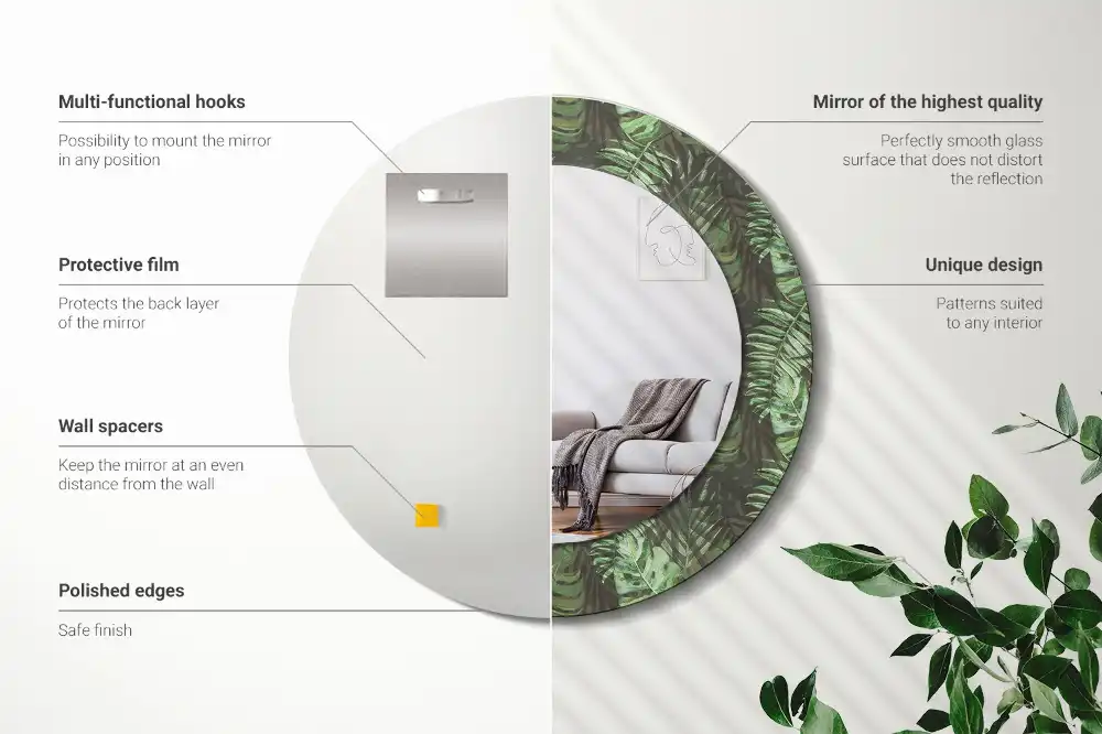 Miroir rond cadre imprimé feuilles tropicales