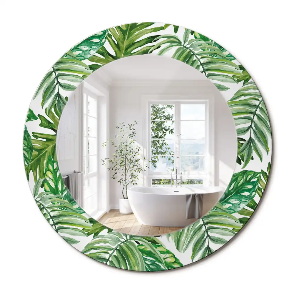 Miroir rond cadre avec impression feuilles de la jungle