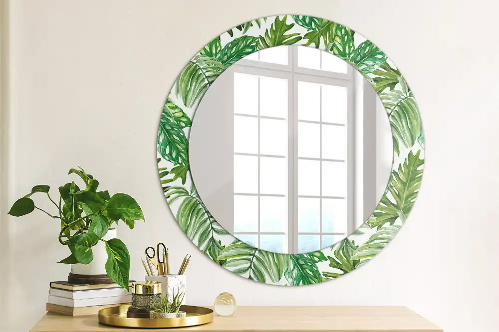 Miroir rond cadre avec impression feuilles de la jungle