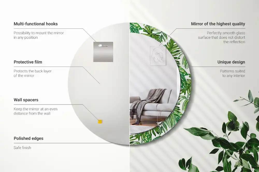 Miroir rond cadre avec impression feuilles de la jungle