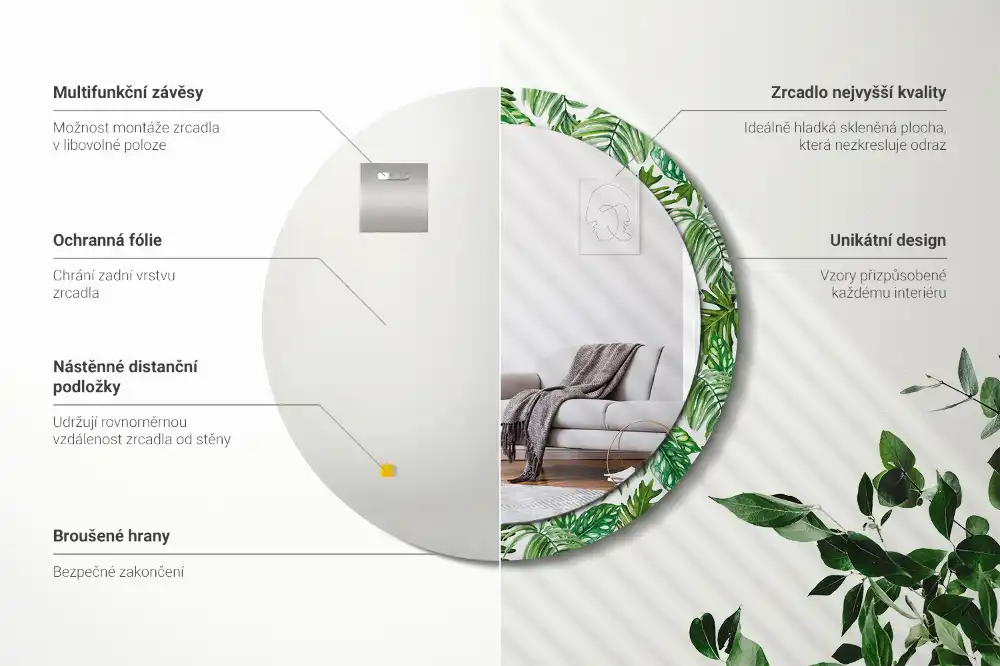 Miroir rond cadre avec impression feuilles de la jungle