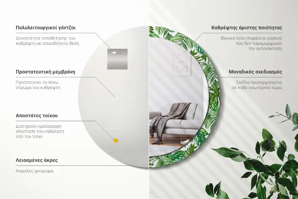 Miroir rond cadre avec impression feuilles de la jungle