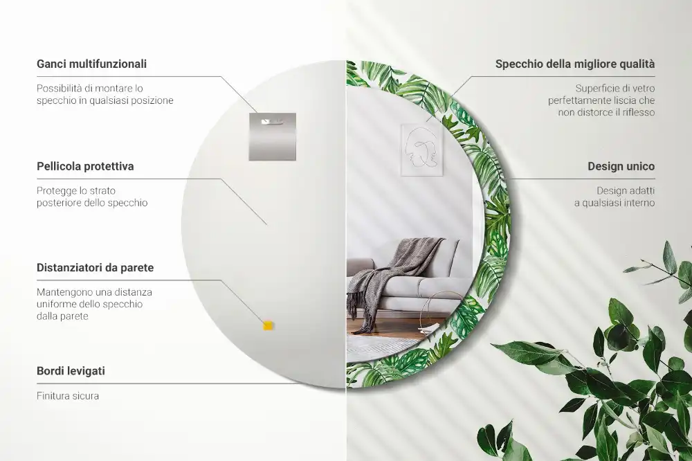 Miroir rond cadre avec impression feuilles de la jungle