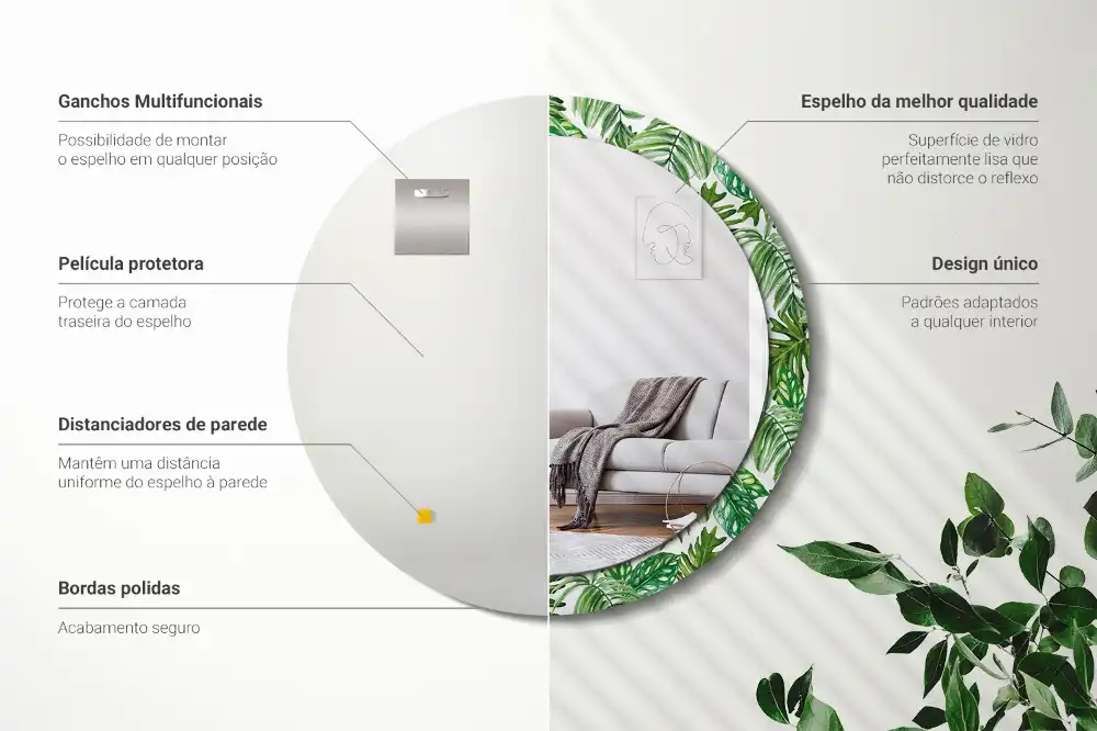 Miroir rond cadre avec impression feuilles de la jungle