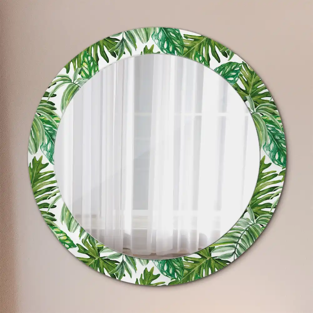 Miroir rond cadre avec impression feuilles de la jungle