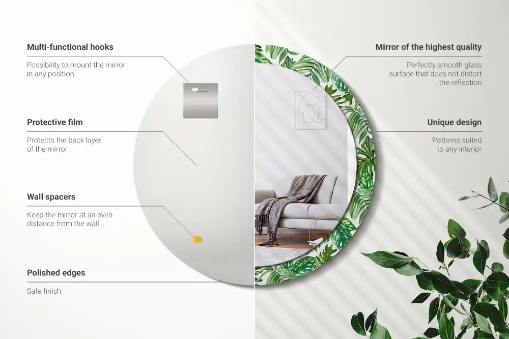 Miroir rond cadre avec impression feuilles de la jungle
