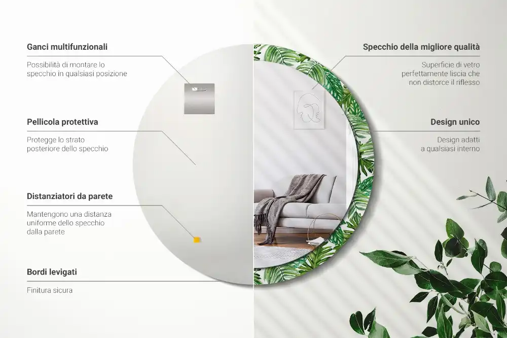 Miroir rond cadre avec impression feuilles de la jungle
