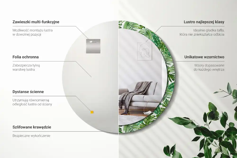 Miroir rond cadre avec impression feuilles de la jungle