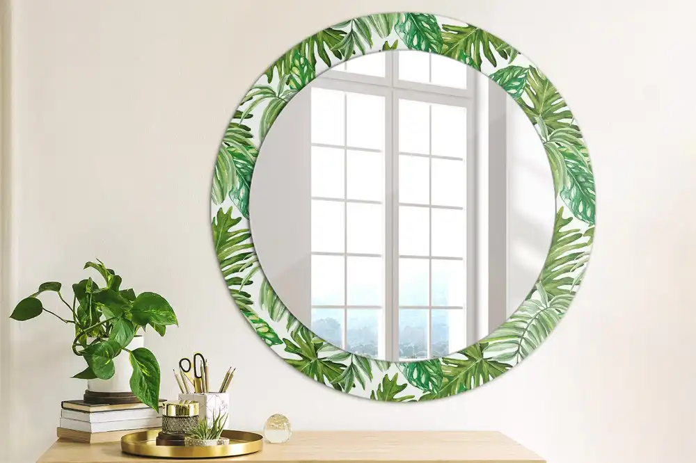 Miroir rond cadre avec impression feuilles de la jungle