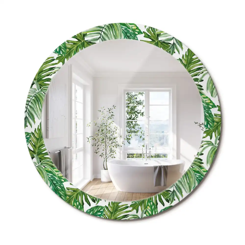 Miroir rond cadre avec impression feuilles de la jungle