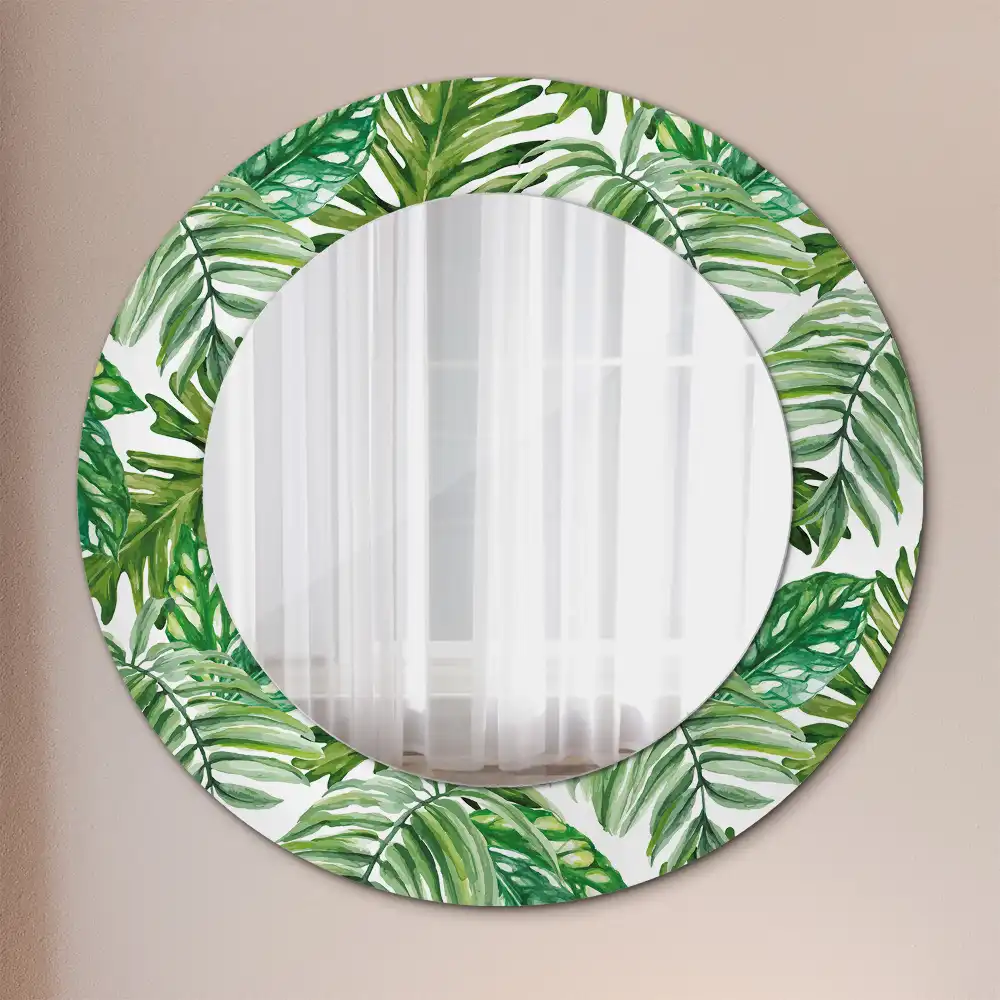 Miroir rond cadre avec impression feuilles de la jungle