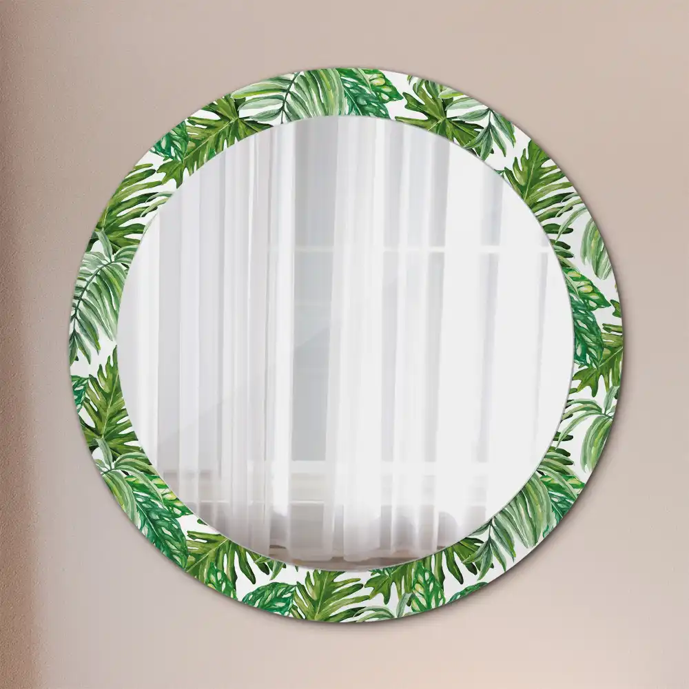 Miroir rond cadre avec impression feuilles de la jungle