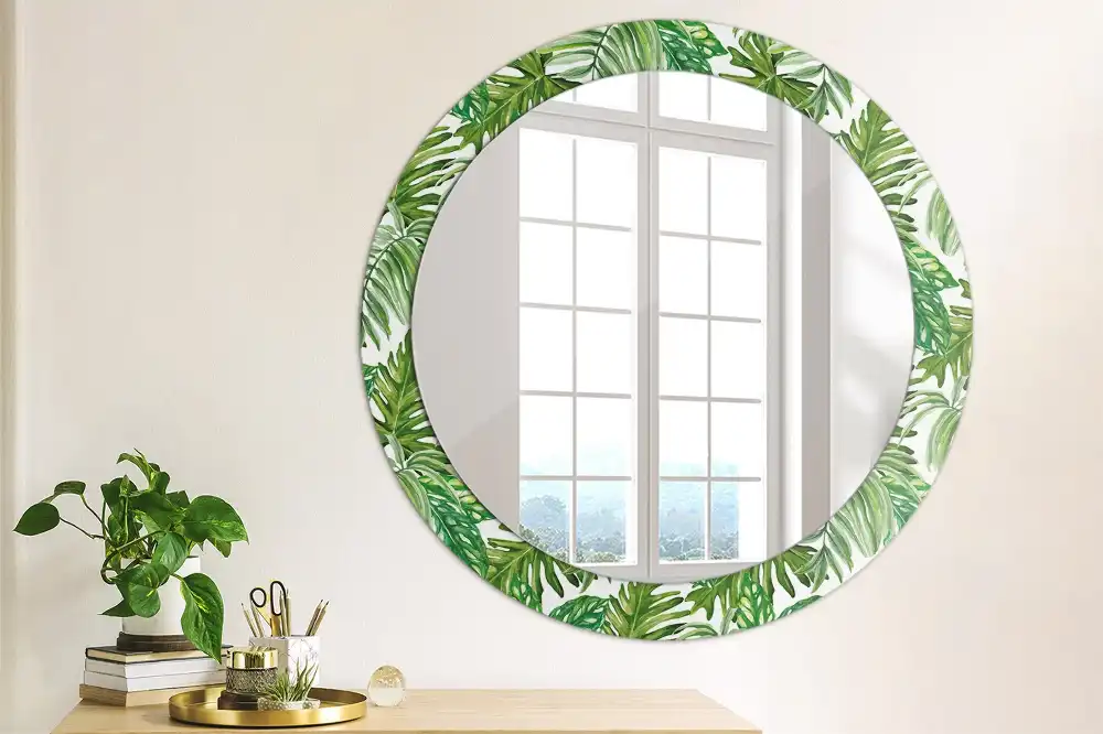 Miroir rond cadre avec impression feuilles de la jungle