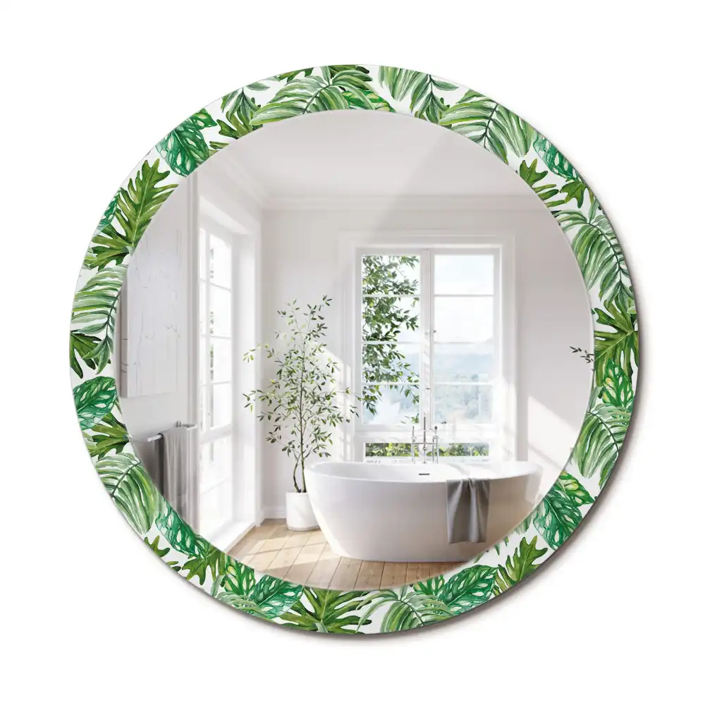 Miroir rond cadre avec impression feuilles de la jungle