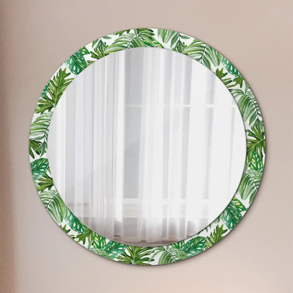 Miroir rond cadre avec impression feuilles de la jungle