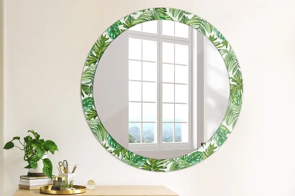Miroir rond cadre avec impression feuilles de la jungle