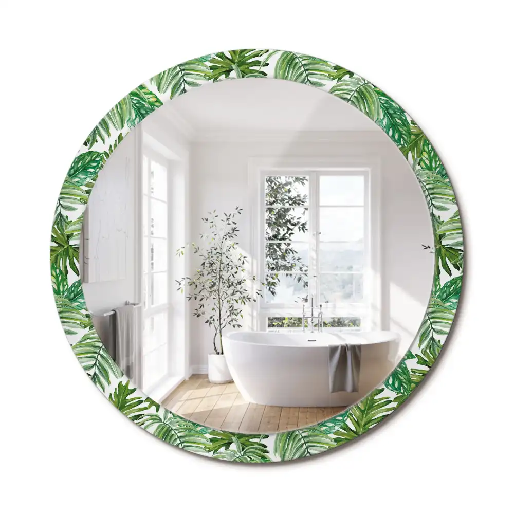Miroir rond cadre avec impression feuilles de la jungle