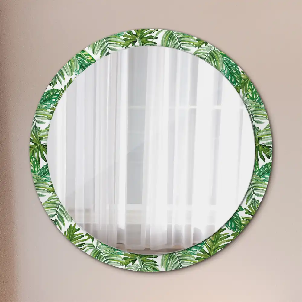 Miroir rond cadre avec impression feuilles de la jungle