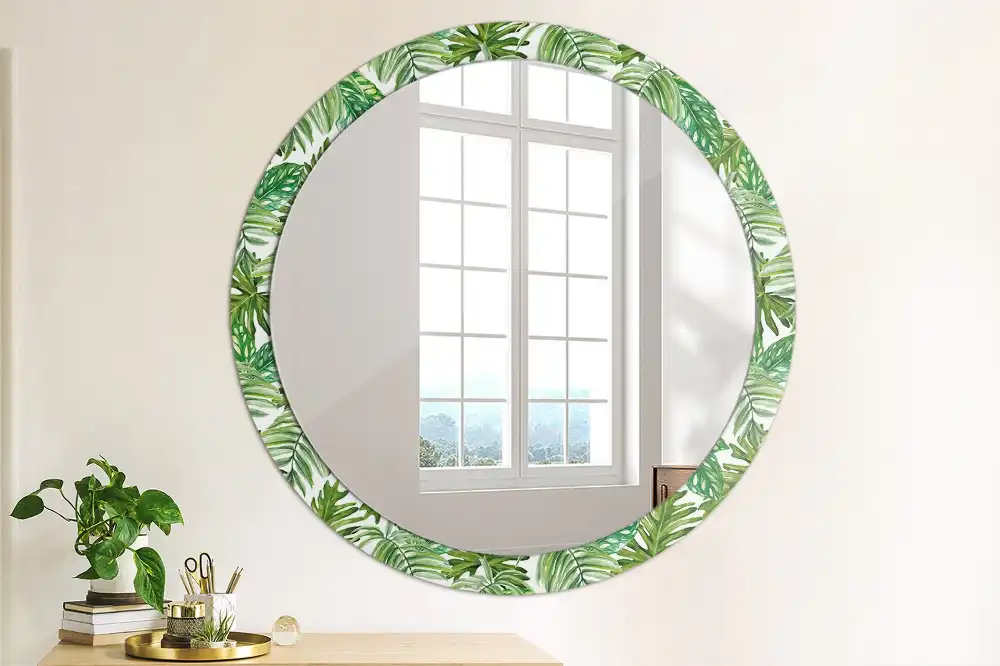 Miroir rond cadre avec impression feuilles de la jungle
