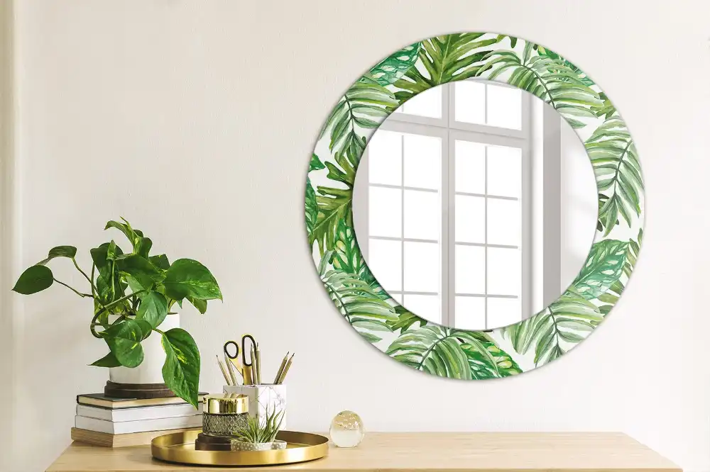 Miroir rond cadre avec impression feuilles de la jungle