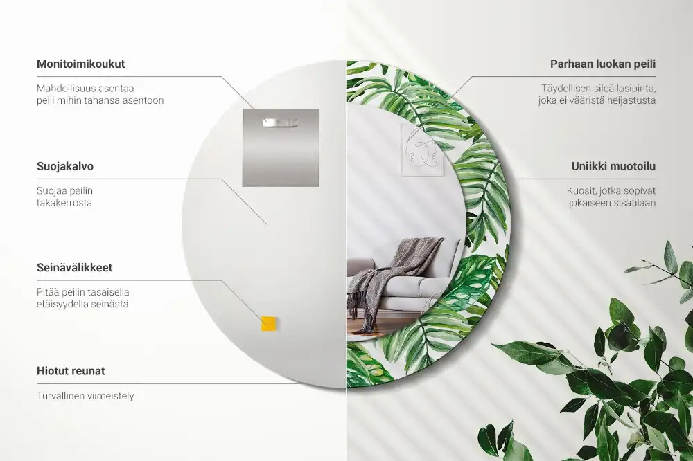 Miroir rond cadre avec impression feuilles de la jungle