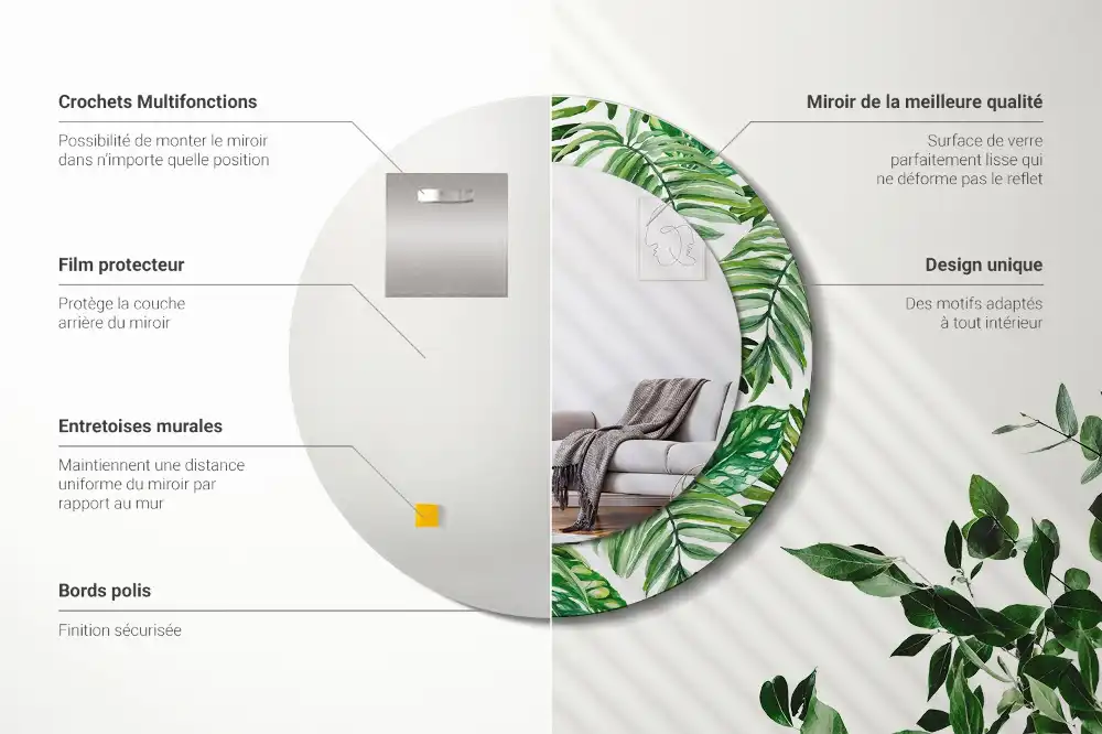 Miroir rond cadre avec impression feuilles de la jungle