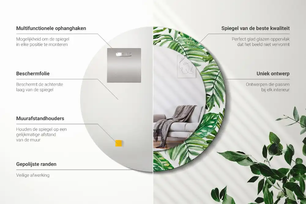 Miroir rond cadre avec impression feuilles de la jungle