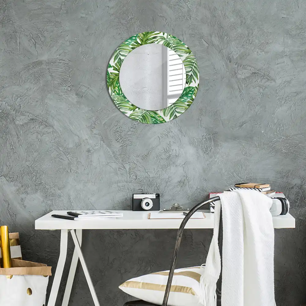 Miroir rond cadre avec impression feuilles de la jungle