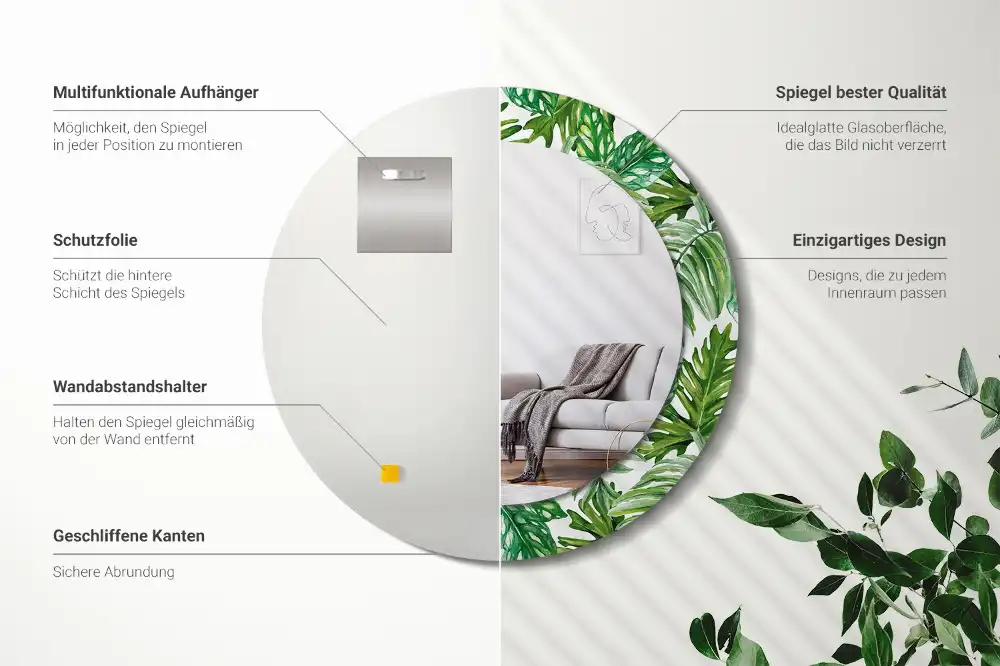 Miroir rond cadre avec impression feuilles de la jungle