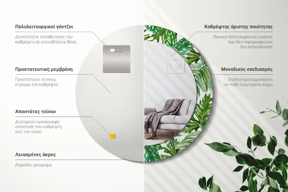 Miroir rond cadre avec impression feuilles de la jungle
