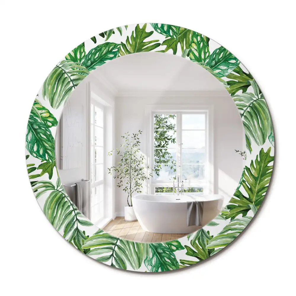 Miroir rond cadre avec impression feuilles de la jungle