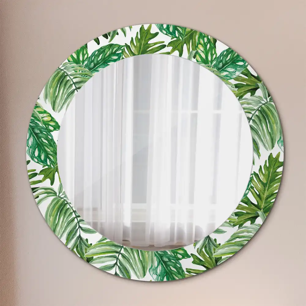 Miroir rond cadre avec impression feuilles de la jungle