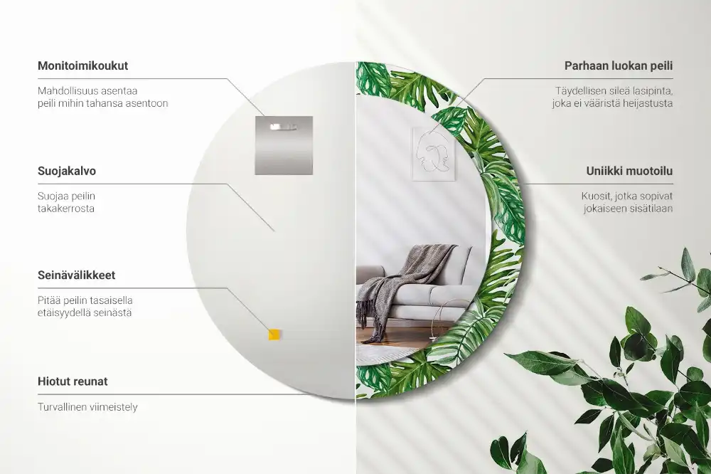 Miroir rond cadre avec impression feuilles de la jungle
