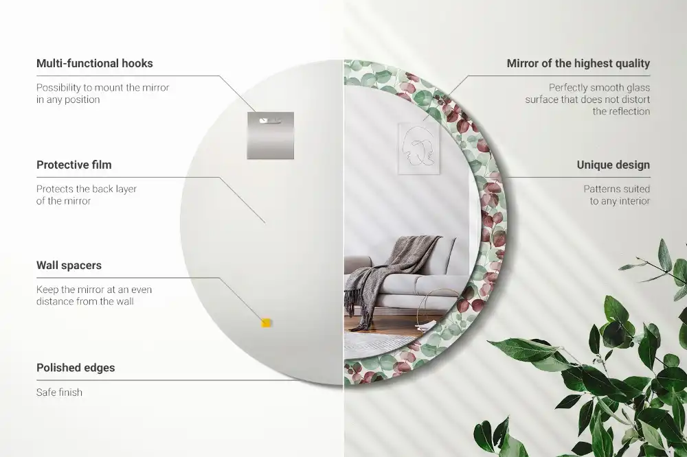 Miroir rond cadre imprimé plante eucalyptus