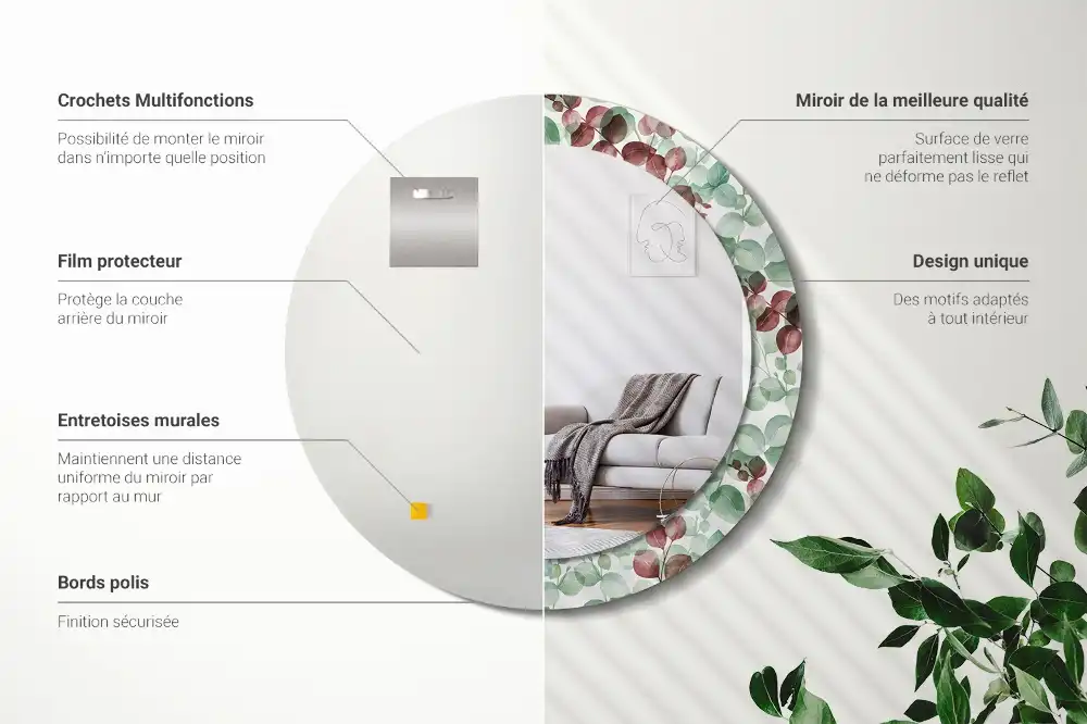 Miroir rond cadre imprimé plante eucalyptus