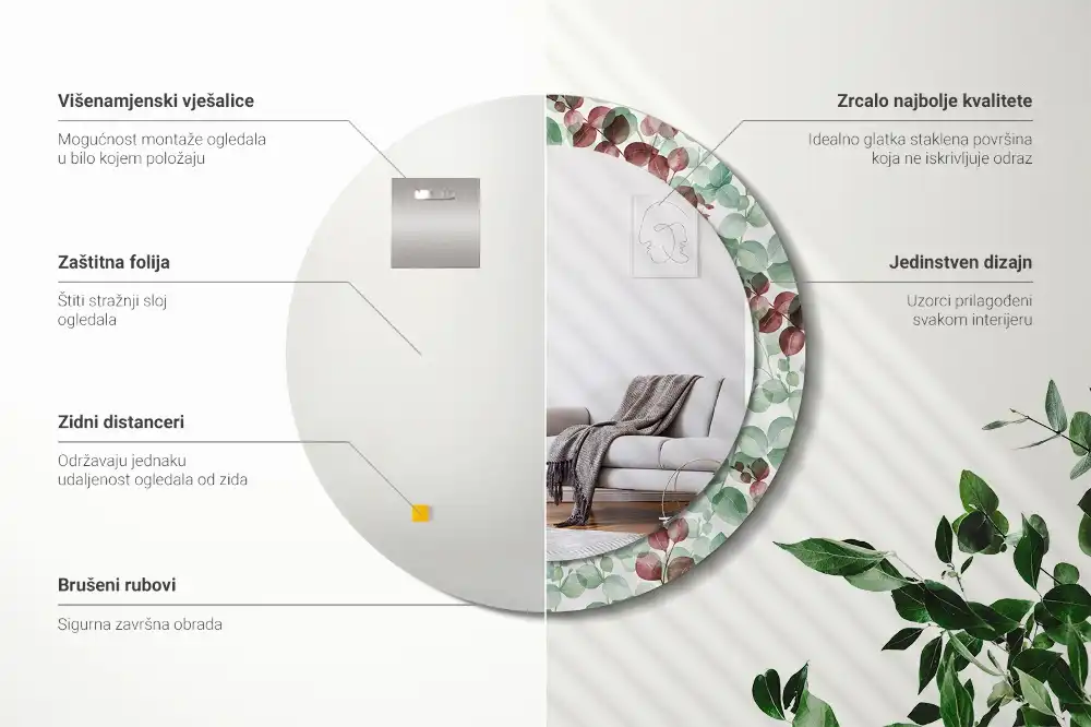 Miroir rond cadre imprimé plante eucalyptus