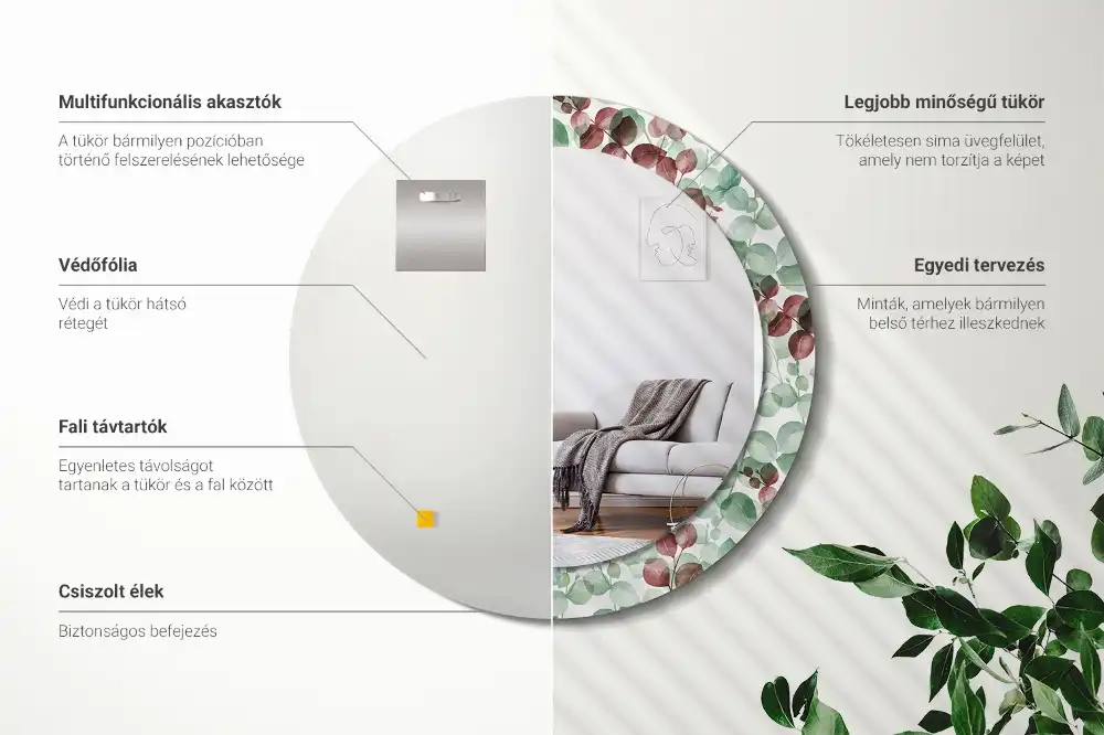 Miroir rond cadre imprimé plante eucalyptus