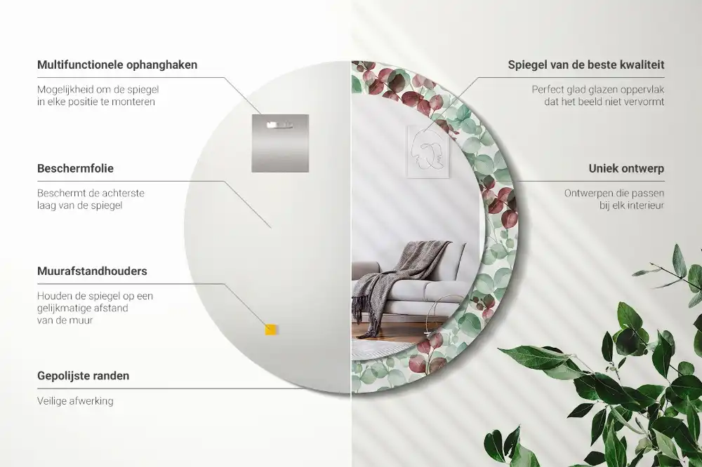 Miroir rond cadre imprimé plante eucalyptus