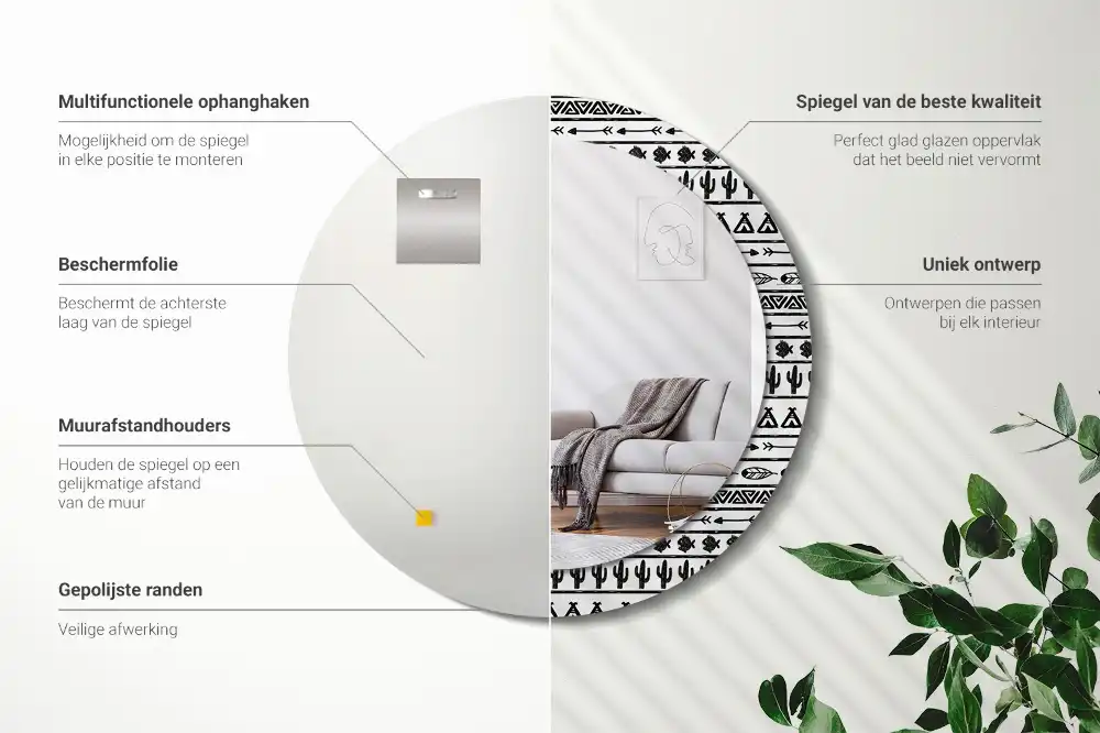 Miroir rond cadre avec impression boho minimaliste