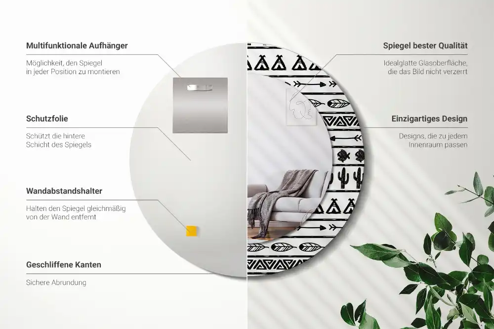 Miroir rond cadre avec impression boho minimaliste
