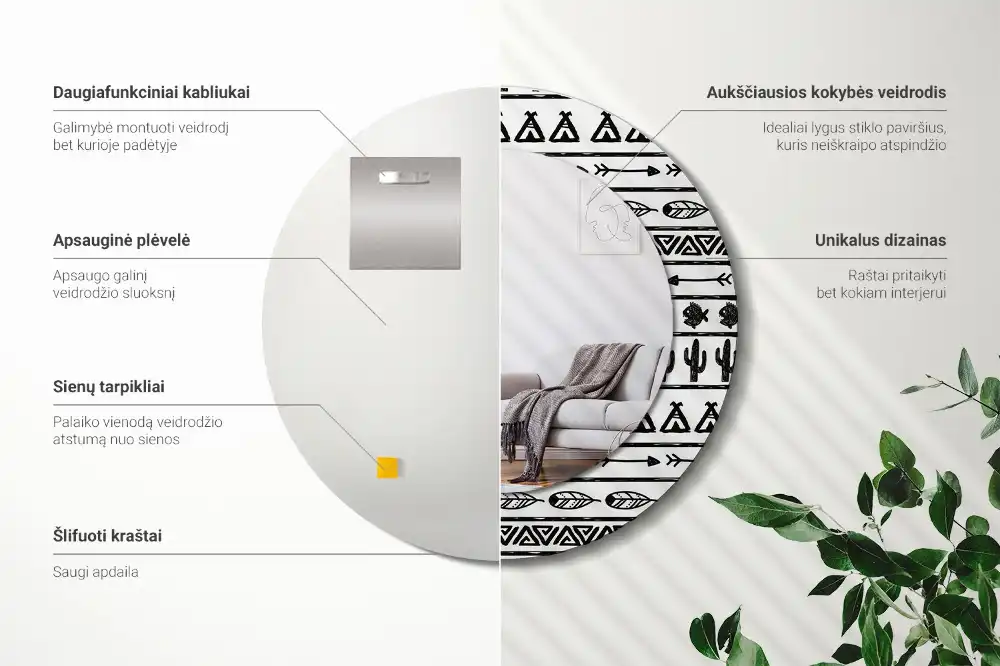 Miroir rond cadre avec impression boho minimaliste